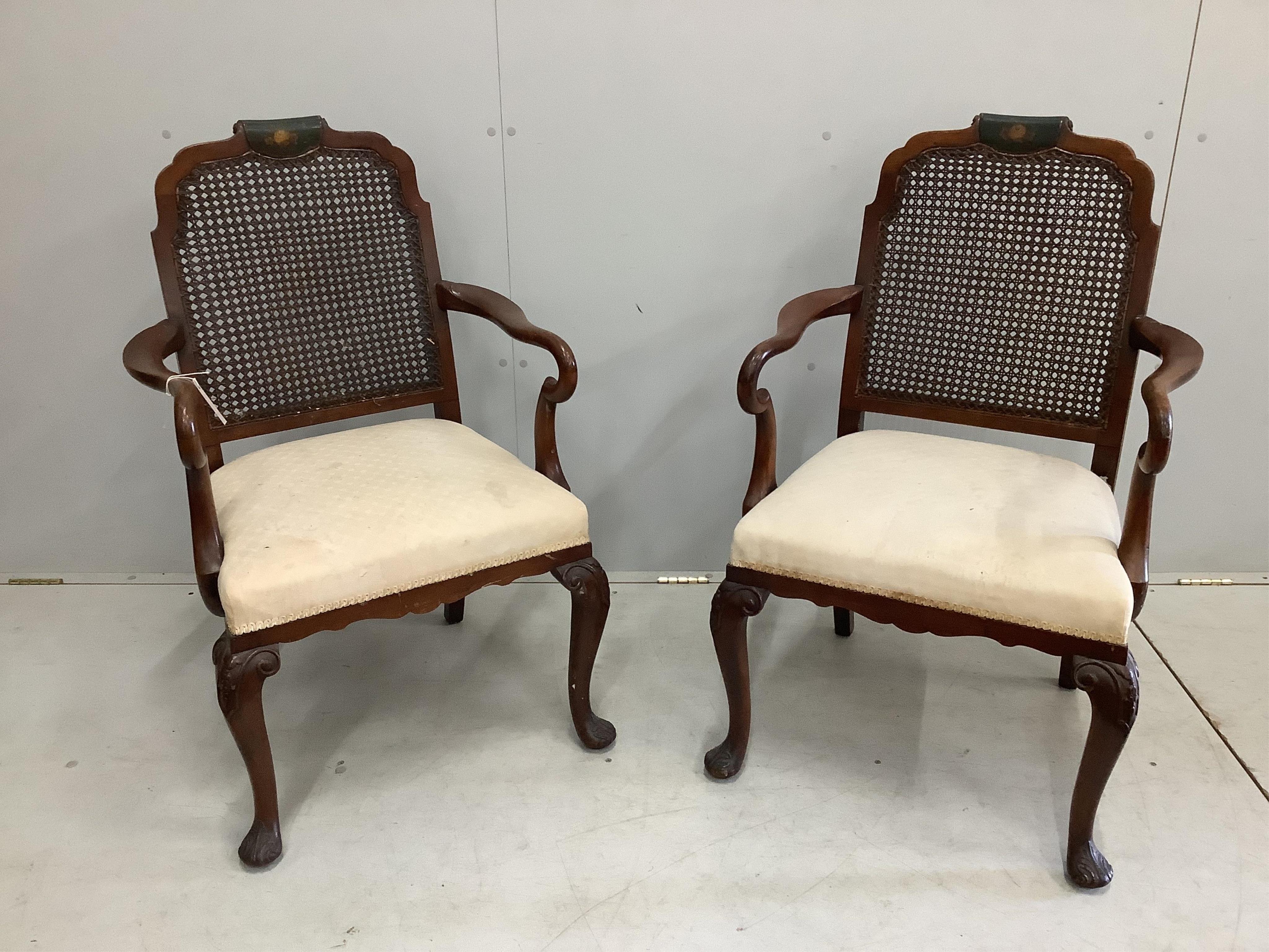 Four (two pairs) George I style painted walnut caned chairs and a similar circular nest of tables